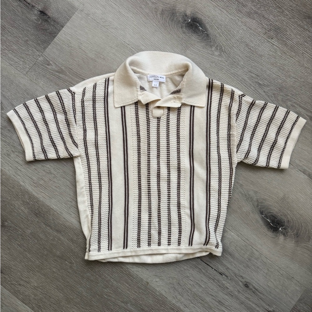 Classic Striped Polo Knit Top - Cream & Brown 4T